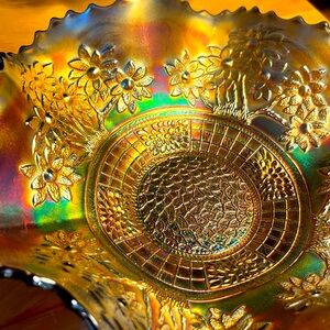 COPY - Fenton Blue cobalt Carnival glass “Orange tree” blossoms trunk ruffled b…